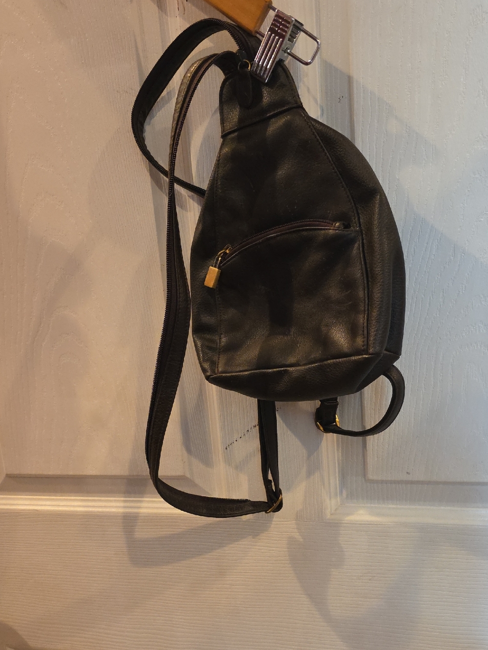 Vintage Black Leather Sling Backpack - Unbranded